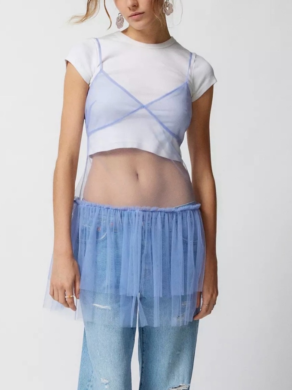 Urban Outfitters Aria Sheer Ruffle Mini Dress Blue XXL